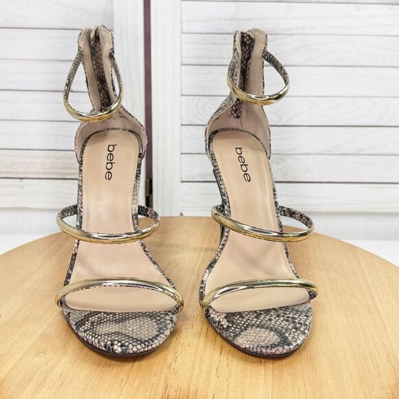Bebe Berdine Y2K Snakeskin Gold‎ Band Strappy Sandals Heels Tan Brown 8 - Picture 2 of 11